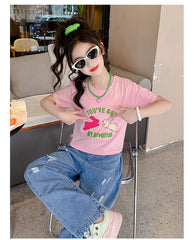 FU14042024-22 طقم بناتي صيفي قطعتين ( بلوزة قطنية + بنطلون جينز)