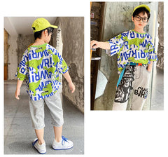 FU14042024-44 طقم ولادي صيفي ( بلوزة قطنية + بنطلون جينز + حزام وسط)