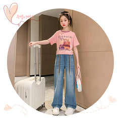 FU14042024-17 طقم بناتي قطعتين ( بلوزة + بنطلون جينز)