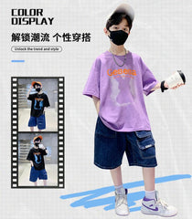 FU14042024-66 طقم ولادي صيفي قعطتين ( بلوز + بنطلون جينز)