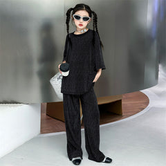 RM150424-32 طقم بناتي بلمع مزين بالبرق قطعتين ( بلوزة + بنطلون)