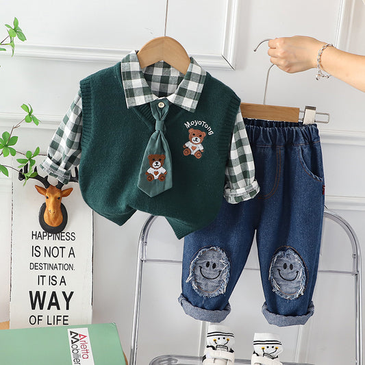 AS-3005B طقم ولادي 4 قطع ( قميص + فست صوف + بنطلون جينز + جرافة )