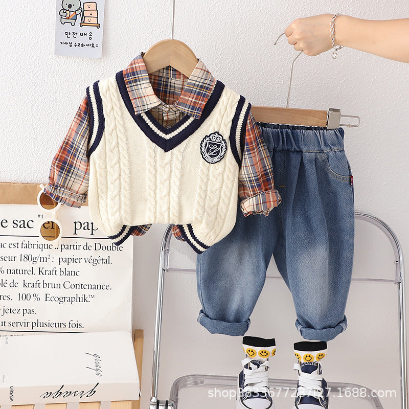 RM0608-12 طقم ولادي 3 قطع ( قميص + فست صوف + بنطلون جينز )