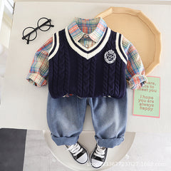 RM0608-12 طقم ولادي 3 قطع ( قميص + فست صوف + بنطلون جينز )