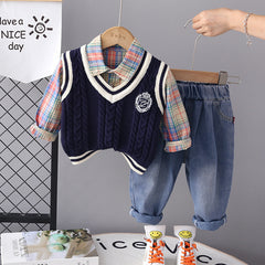 RM0608-12 طقم ولادي 3 قطع ( قميص + فست صوف + بنطلون جينز )