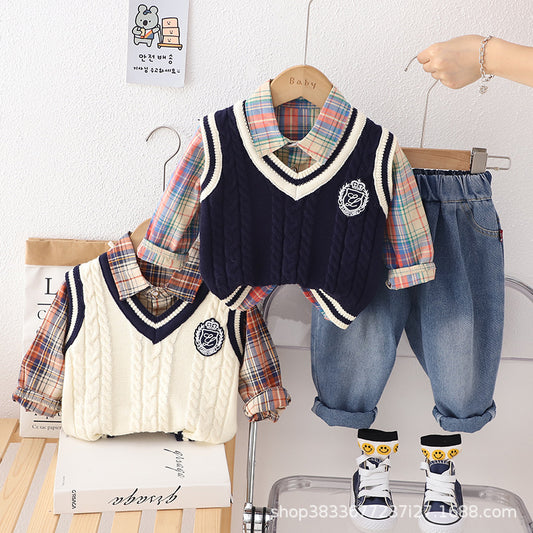 RM0608-12 طقم ولادي 3 قطع ( قميص + فست صوف + بنطلون جينز )