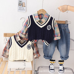 RM0608-12 طقم ولادي 3 قطع ( قميص + فست صوف + بنطلون جينز )