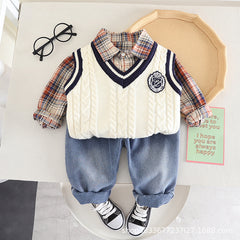 RM0608-12 طقم ولادي 3 قطع ( قميص + فست صوف + بنطلون جينز )