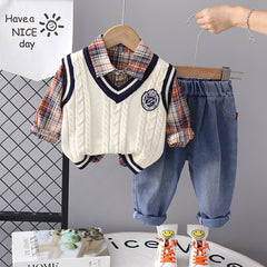 RM0608-12 طقم ولادي 3 قطع ( قميص + فست صوف + بنطلون جينز )