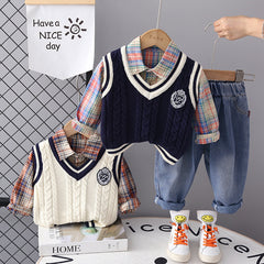 RM0608-12 طقم ولادي 3 قطع ( قميص + فست صوف + بنطلون جينز )