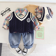 RM0608-12 طقم ولادي 3 قطع ( قميص + فست صوف + بنطلون جينز )