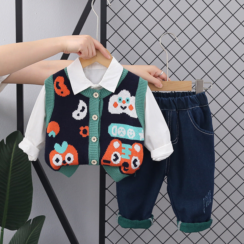 RM0608-18 طقم ولادي 3 قطع ( قميص + فست صوف + بنطلون جينز )