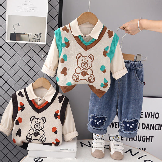 RM0608-19 طقم ولادي 3 قطع ( قميص + فست صوف + بنطلون جينز )