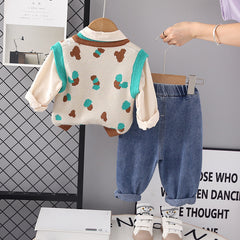 RM0608-19 طقم ولادي 3 قطع ( قميص + فست صوف + بنطلون جينز )