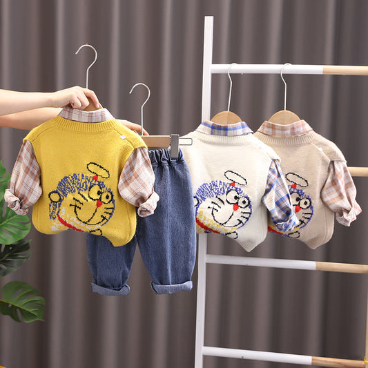 RM0608-28 طقم دورايمون ولادي 3 قطع ( قميص مصوف + فست صوف + بنطلون جينز ناعم )