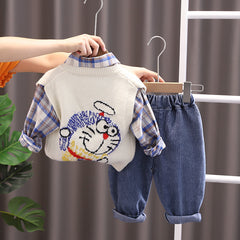 RM0608-28 طقم دورايمون ولادي 3 قطع ( قميص مصوف + فست صوف + بنطلون جينز ناعم )