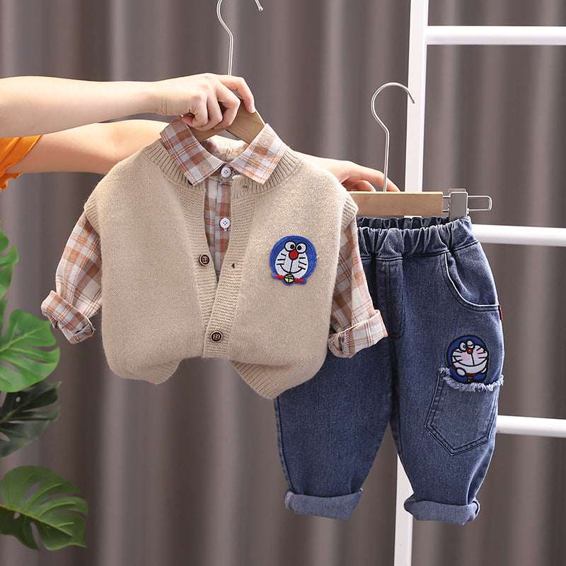 RM0608-28 طقم دورايمون ولادي 3 قطع ( قميص مصوف + فست صوف + بنطلون جينز ناعم )