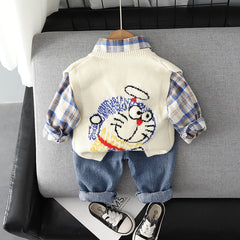 RM0608-28 طقم دورايمون ولادي 3 قطع ( قميص مصوف + فست صوف + بنطلون جينز ناعم )