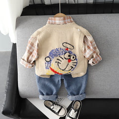 RM0608-28 طقم دورايمون ولادي 3 قطع ( قميص مصوف + فست صوف + بنطلون جينز ناعم )