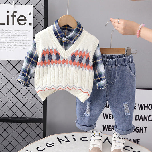 RM0608-4 طقم ولادي 3 قطع ( قميص + فست صوف + بنطلون جينز )