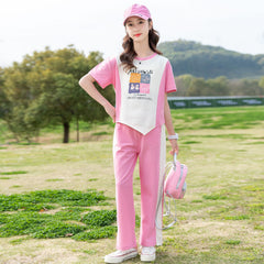 RM090424-22 طقم بناتي صيفي قطن ( بلوزة + بنطلون )