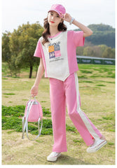 RM090424-22 طقم بناتي صيفي قطن ( بلوزة + بنطلون )