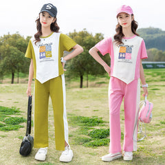 RM090424-22 طقم بناتي صيفي قطن ( بلوزة + بنطلون )