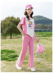 RM090424-22 طقم بناتي صيفي قطن ( بلوزة + بنطلون )