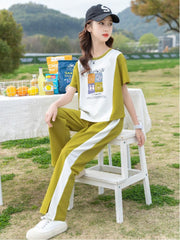 RM090424-22 طقم بناتي صيفي قطن ( بلوزة + بنطلون )