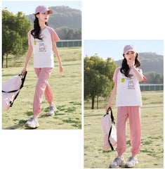 RM090424-26 نريننج صيفي بناتي ( بلوزة قطنية + بنطلون ستان )