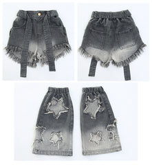 RM171223-11 طقم شورت ( بلوزة قطنية + بنطلون شورت جينز + اكسسوار البنطلون جينز)