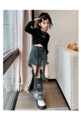 RM171223-11 طقم شورت ( بلوزة قطنية + بنطلون شورت جينز + اكسسوار البنطلون جينز)