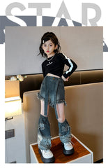 RM171223-11 طقم شورت ( بلوزة قطنية + بنطلون شورت جينز + اكسسوار البنطلون جينز)