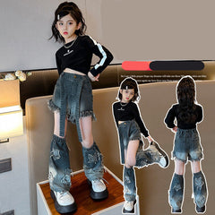 RM171223-11 طقم شورت ( بلوزة قطنية + بنطلون شورت جينز + اكسسوار البنطلون جينز)