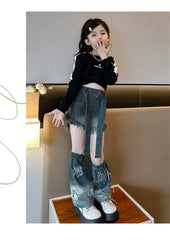 RM171223-11 طقم شورت ( بلوزة قطنية + بنطلون شورت جينز + اكسسوار البنطلون جينز)