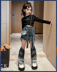 RM171223-11 طقم شورت ( بلوزة قطنية + بنطلون شورت جينز + اكسسوار البنطلون جينز)