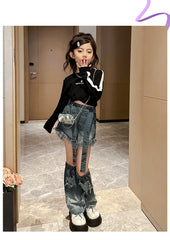 RM171223-11 طقم شورت ( بلوزة قطنية + بنطلون شورت جينز + اكسسوار البنطلون جينز)