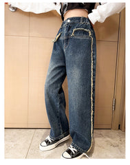 RM171223-1 طقم جينز بناتي 3 قطع ( بلوزة ابيض+ بدي اسود + بنطلون جينز)