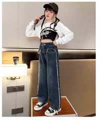 RM171223-1 طقم جينز بناتي 3 قطع ( بلوزة ابيض+ بدي اسود + بنطلون جينز)