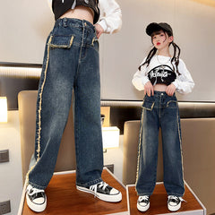 RM171223-1 طقم جينز بناتي 3 قطع ( بلوزة ابيض+ بدي اسود + بنطلون جينز)