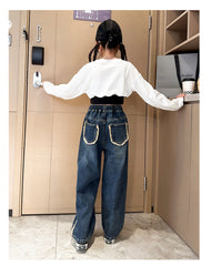 RM171223-1 طقم جينز بناتي 3 قطع ( بلوزة ابيض+ بدي اسود + بنطلون جينز)