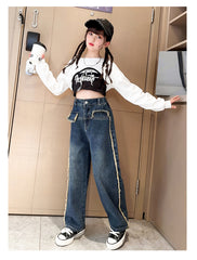 RM171223-1 طقم جينز بناتي 3 قطع ( بلوزة ابيض+ بدي اسود + بنطلون جينز)