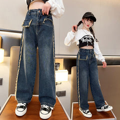 RM171223-1 طقم جينز بناتي 3 قطع ( بلوزة ابيض+ بدي اسود + بنطلون جينز)