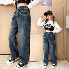 RM171223-1 طقم جينز بناتي 3 قطع ( بلوزة ابيض+ بدي اسود + بنطلون جينز)