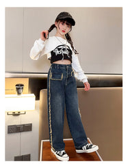 RM171223-1 طقم جينز بناتي 3 قطع ( بلوزة ابيض+ بدي اسود + بنطلون جينز)