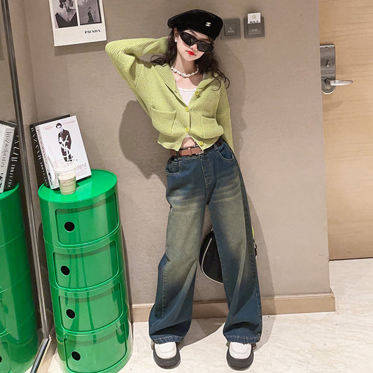 RM171223-23 طقم بناتي قطعتين (جكيت صوف +بنطلون جينز )