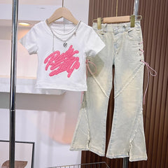 RM171223-24 طقم بناتي قطعتين ( بلوزة قطنية + بنطلون جينز )