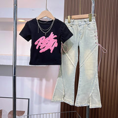 RM171223-24 طقم بناتي قطعتين ( بلوزة قطنية + بنطلون جينز )