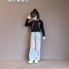 RM171223-31 طقم بناتي قطعتين (بلوزة قطنية + بنطلون جينز ناعم)