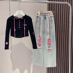 RM171223-31 طقم بناتي قطعتين (بلوزة قطنية + بنطلون جينز ناعم)